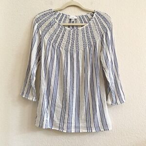 J. Jill Gold Metallic Blue‎ White Striped Smocked Peasant Blouse Size Small